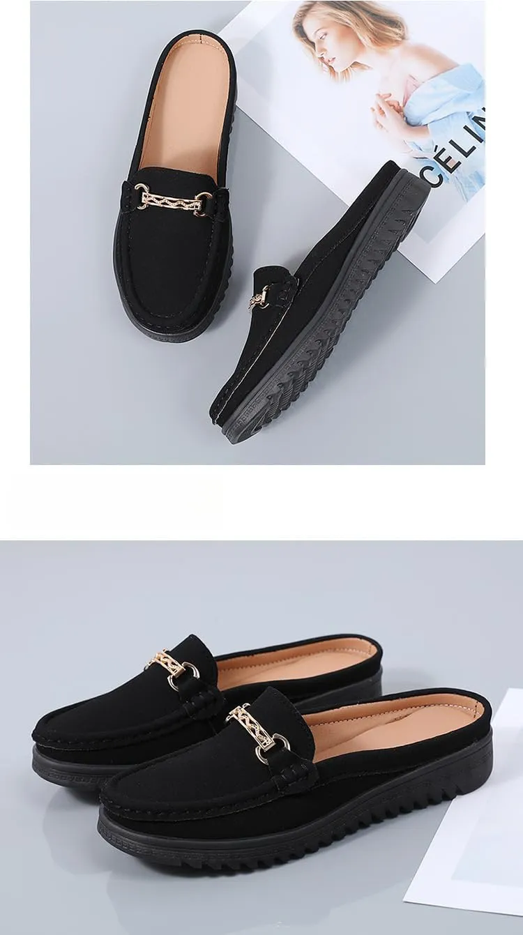 Women's Moccasins Fashion Chain Decorated Low Top Round Toe Shoes Orthopedic Sandals, Cute Casual Comfy Lightweight Slip on Shoes, Minimalist Streetwear, Female All-Match Loafers for Daily Wear