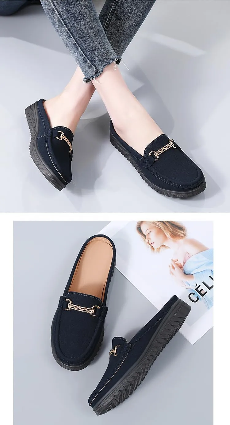 Women's Moccasins Fashion Chain Decorated Low Top Round Toe Shoes Orthopedic Sandals, Cute Casual Comfy Lightweight Slip on Shoes, Minimalist Streetwear, Female All-Match Loafers for Daily Wear
