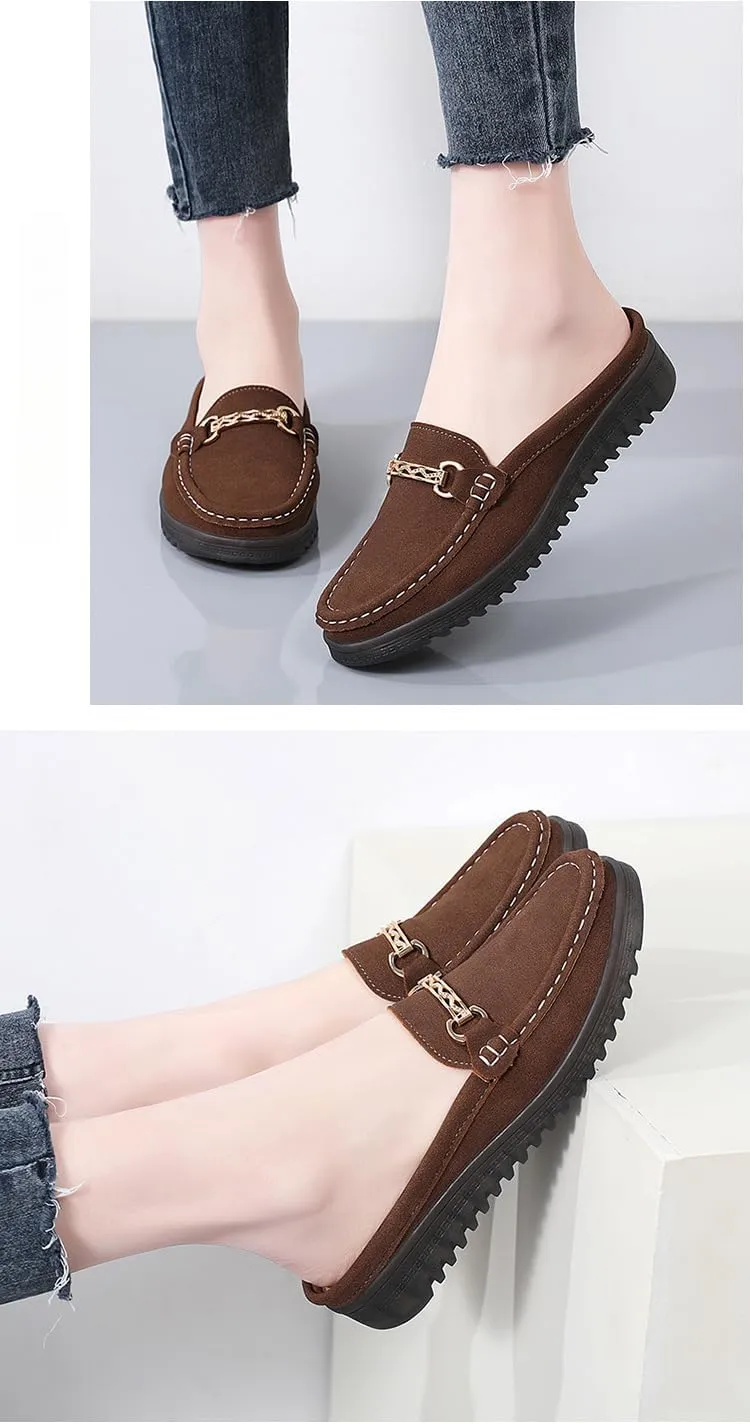 Women's Moccasins Fashion Chain Decorated Low Top Round Toe Shoes Orthopedic Sandals, Cute Casual Comfy Lightweight Slip on Shoes, Minimalist Streetwear, Female All-Match Loafers for Daily Wear