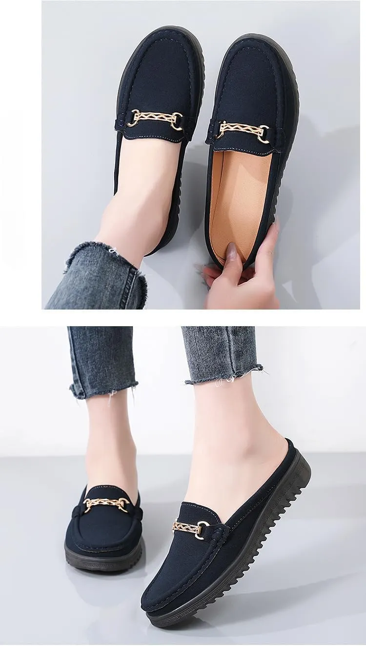 Women's Moccasins Fashion Chain Decorated Low Top Round Toe Shoes Orthopedic Sandals, Cute Casual Comfy Lightweight Slip on Shoes, Minimalist Streetwear, Female All-Match Loafers for Daily Wear