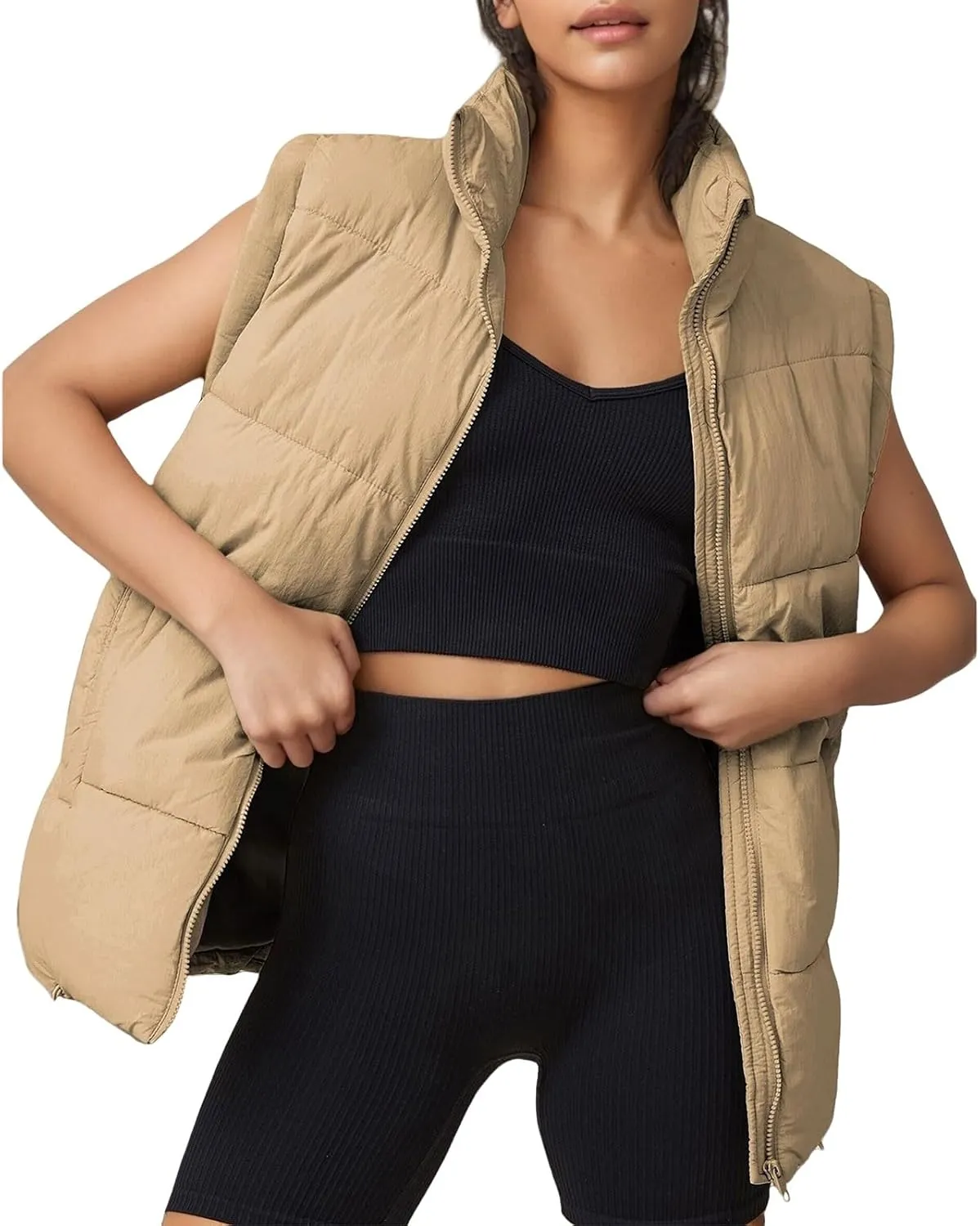 Womens Puffer Vest Lightweight Stand Collar Sleeveless Down Jacket Casual Zip Up Winter Warm Coat with Pockets