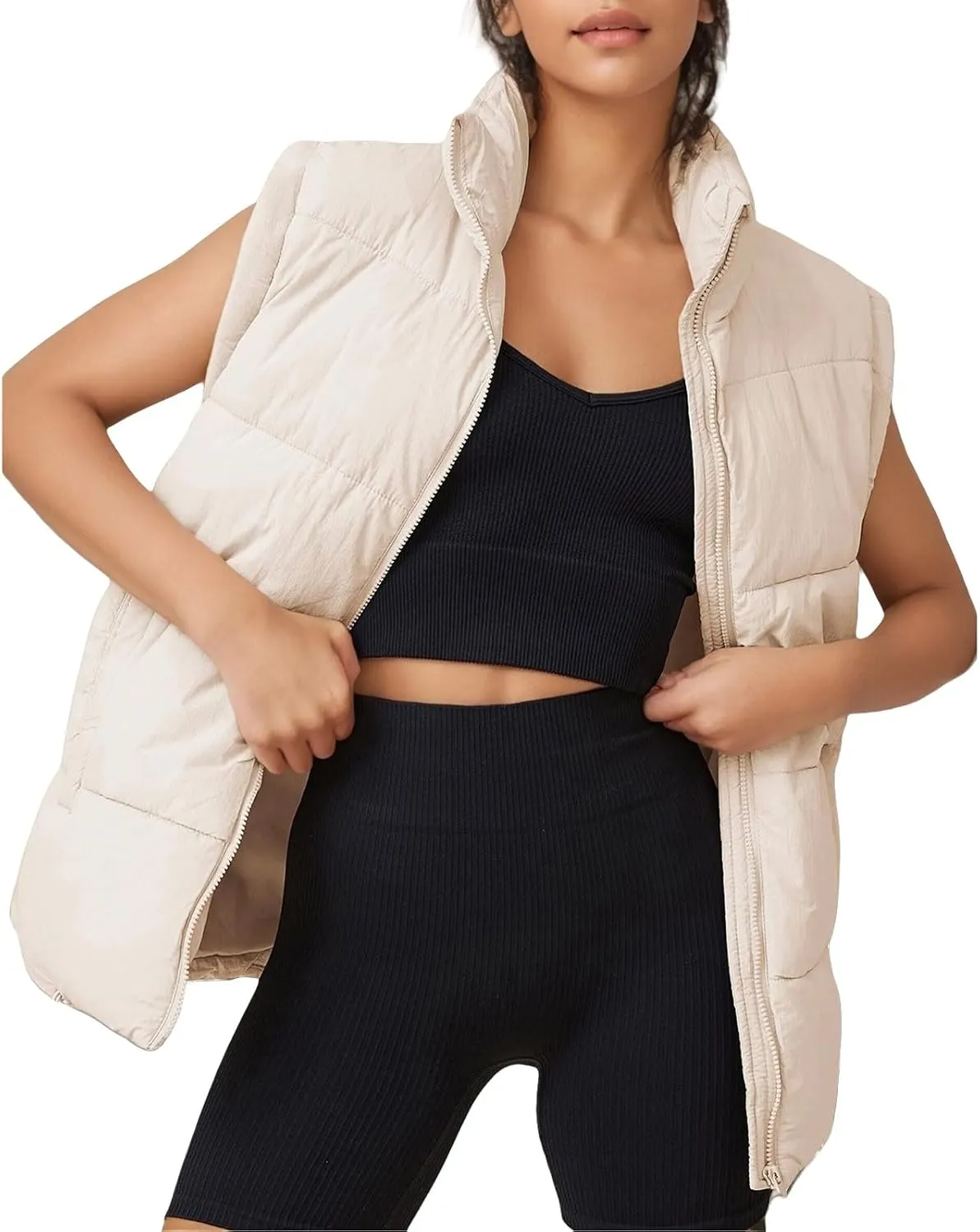Womens Puffer Vest Lightweight Stand Collar Sleeveless Down Jacket Casual Zip Up Winter Warm Coat with Pockets