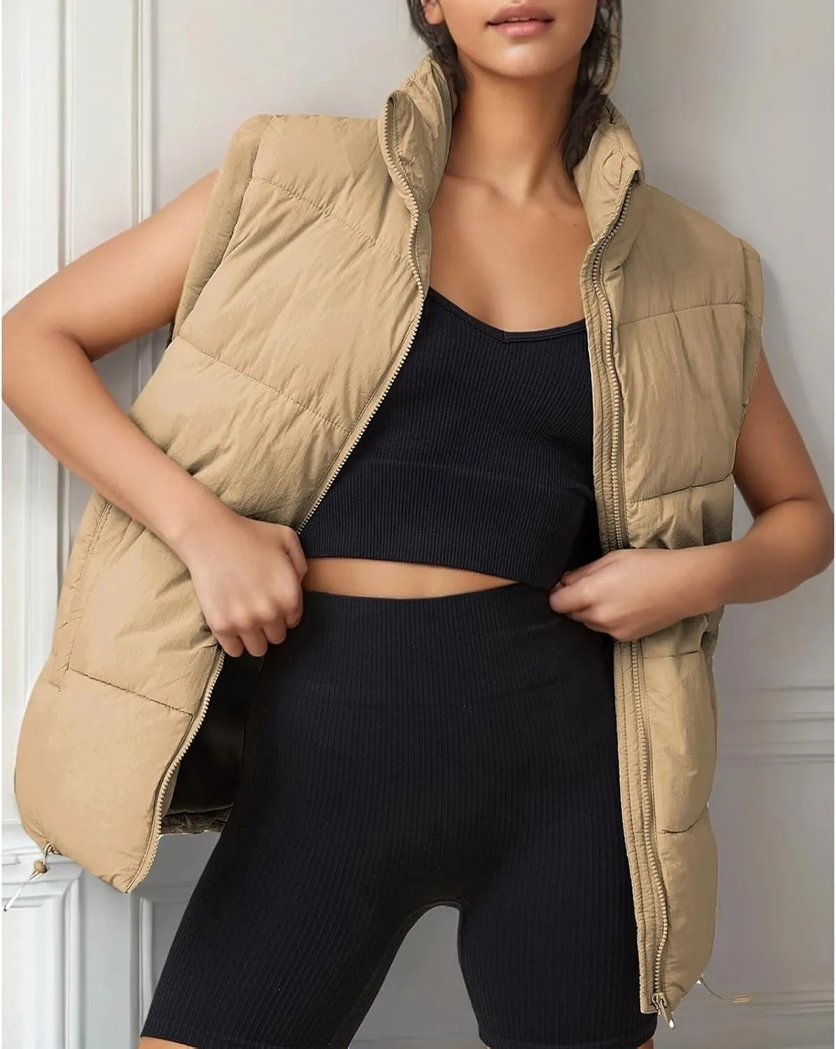 Womens Puffer Vest Lightweight Stand Collar Sleeveless Down Jacket Casual Zip Up Winter Warm Coat with Pockets