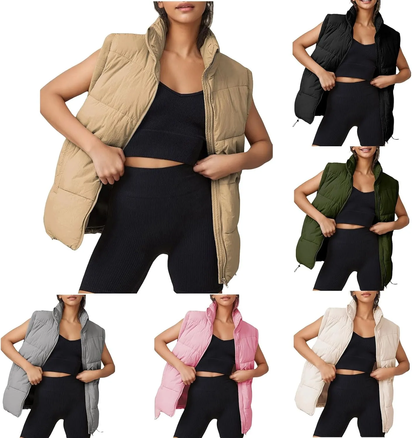Womens Puffer Vest Lightweight Stand Collar Sleeveless Down Jacket Casual Zip Up Winter Warm Coat with Pockets