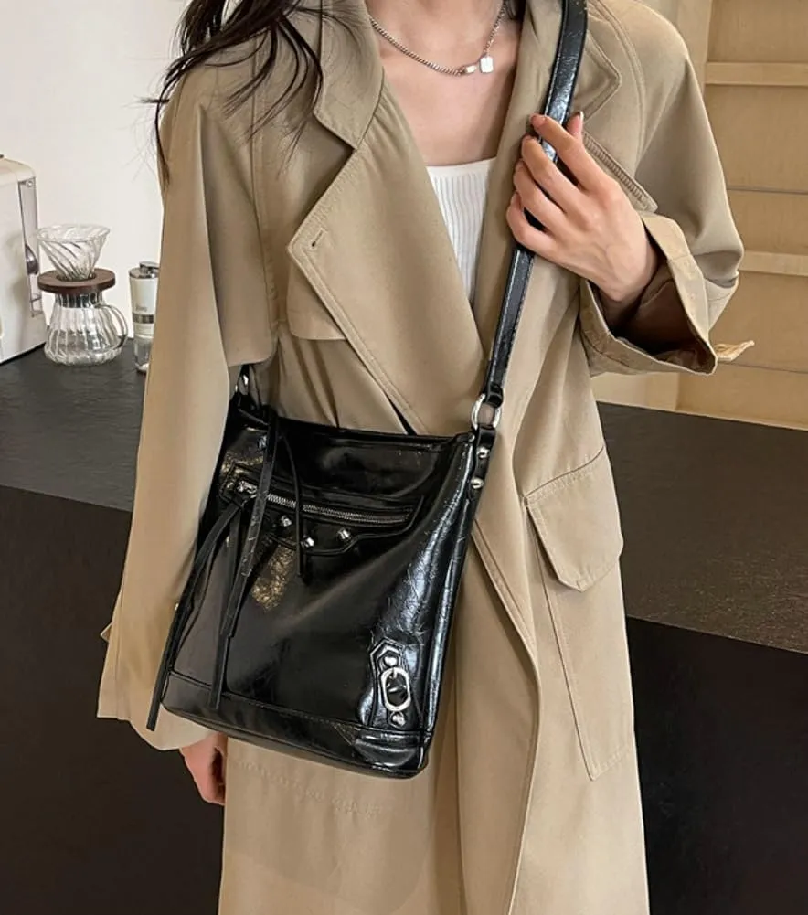Womens Shoulder Crossbody Bag Vegan Leather Purse Y2k Large Bucket Handbag Zipper Tote Top Handle Satchel