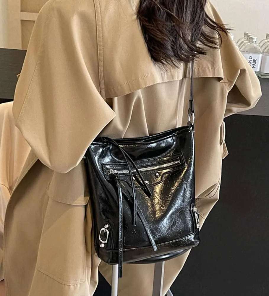 Womens Shoulder Crossbody Bag Vegan Leather Purse Y2k Large Bucket Handbag Zipper Tote Top Handle Satchel