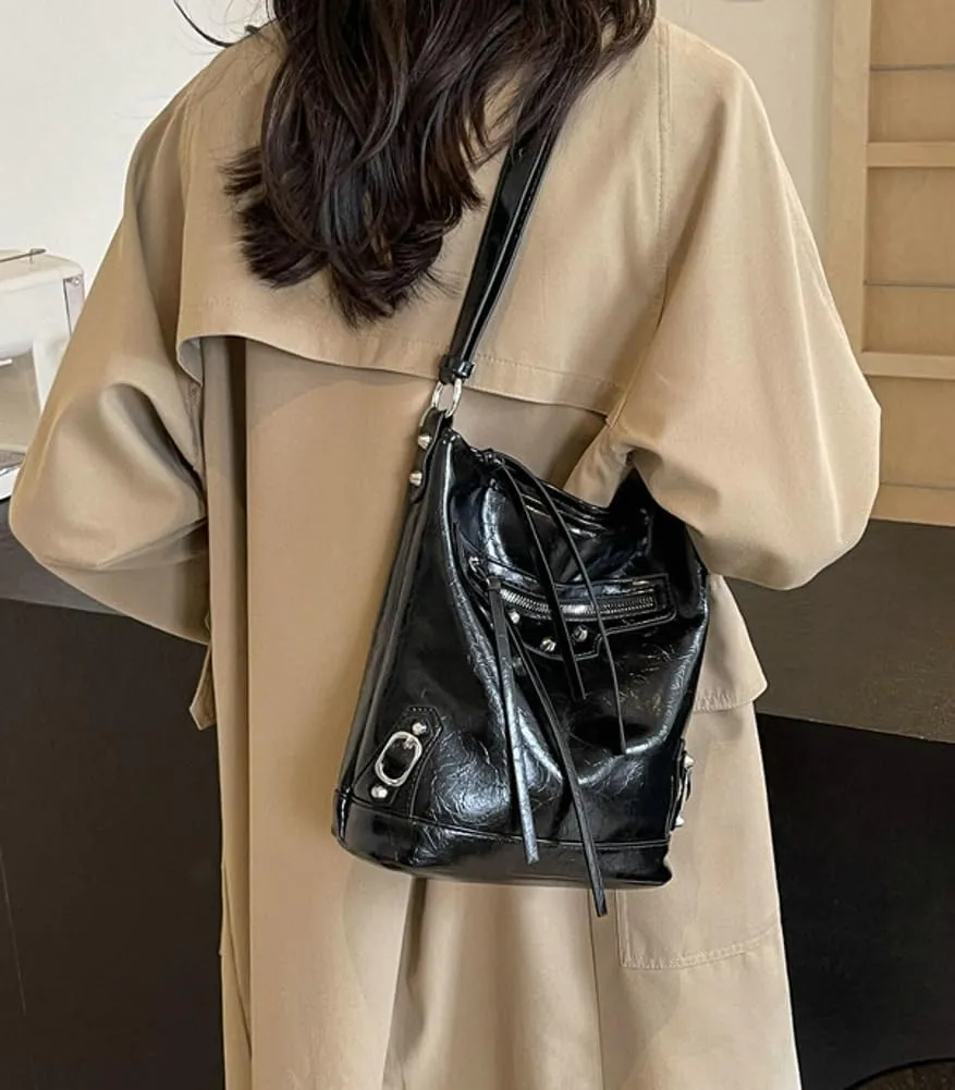 Womens Shoulder Crossbody Bag Vegan Leather Purse Y2k Large Bucket Handbag Zipper Tote Top Handle Satchel