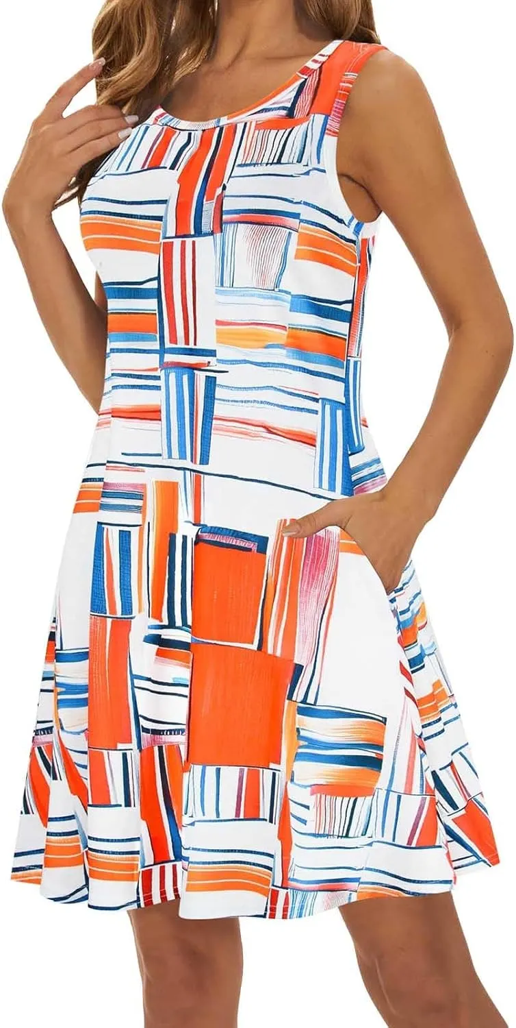 Womens Summer Dresses 2024 Casual Sleeveless Tshirt Sundresses Vacation Beach Floral Cover Up Dress with Pockets