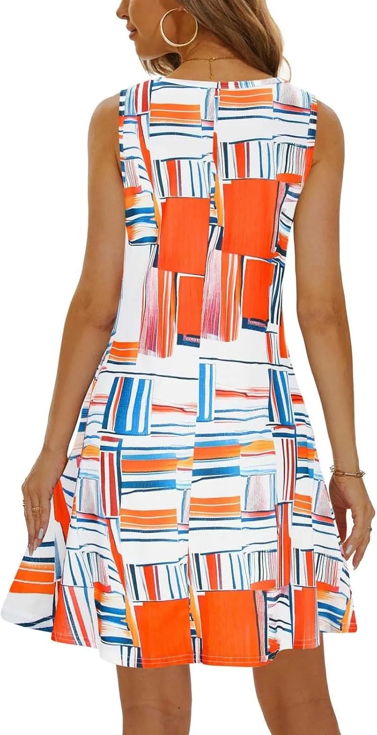 Womens Summer Dresses 2024 Casual Sleeveless Tshirt Sundresses Vacation Beach Floral Cover Up Dress with Pockets