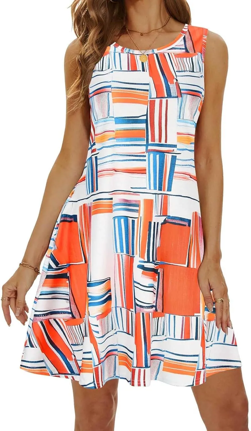 Womens Summer Dresses 2024 Casual Sleeveless Tshirt Sundresses Vacation Beach Floral Cover Up Dress with Pockets