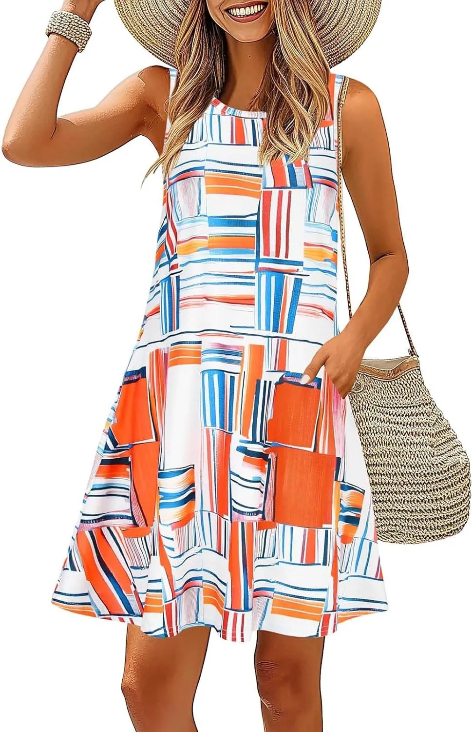 Womens Summer Dresses 2024 Casual Sleeveless Tshirt Sundresses Vacation Beach Floral Cover Up Dress with Pockets