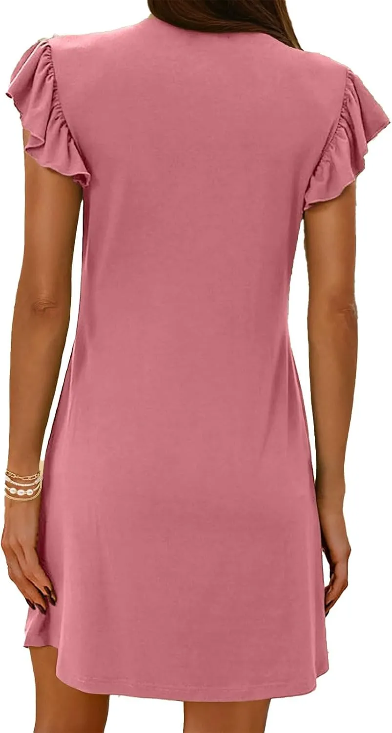 Womens Summer Dresses Casual Deep V Neck Loose Sundress Fashion Ruffle Sleeve Mini Dress Travel Vacation Dresses 2025