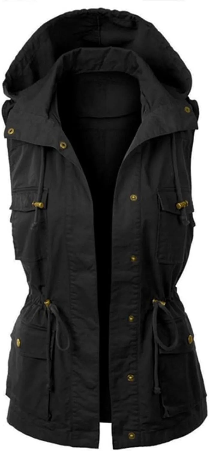 Womens Utility Vest Drawstring Waist Military Jacket Casual Button Down Sleeveless Hooded Coat with Pockets