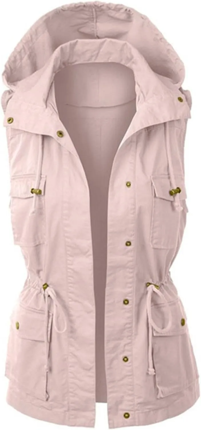 Womens Utility Vest Drawstring Waist Military Jacket Casual Button Down Sleeveless Hooded Coat with Pockets