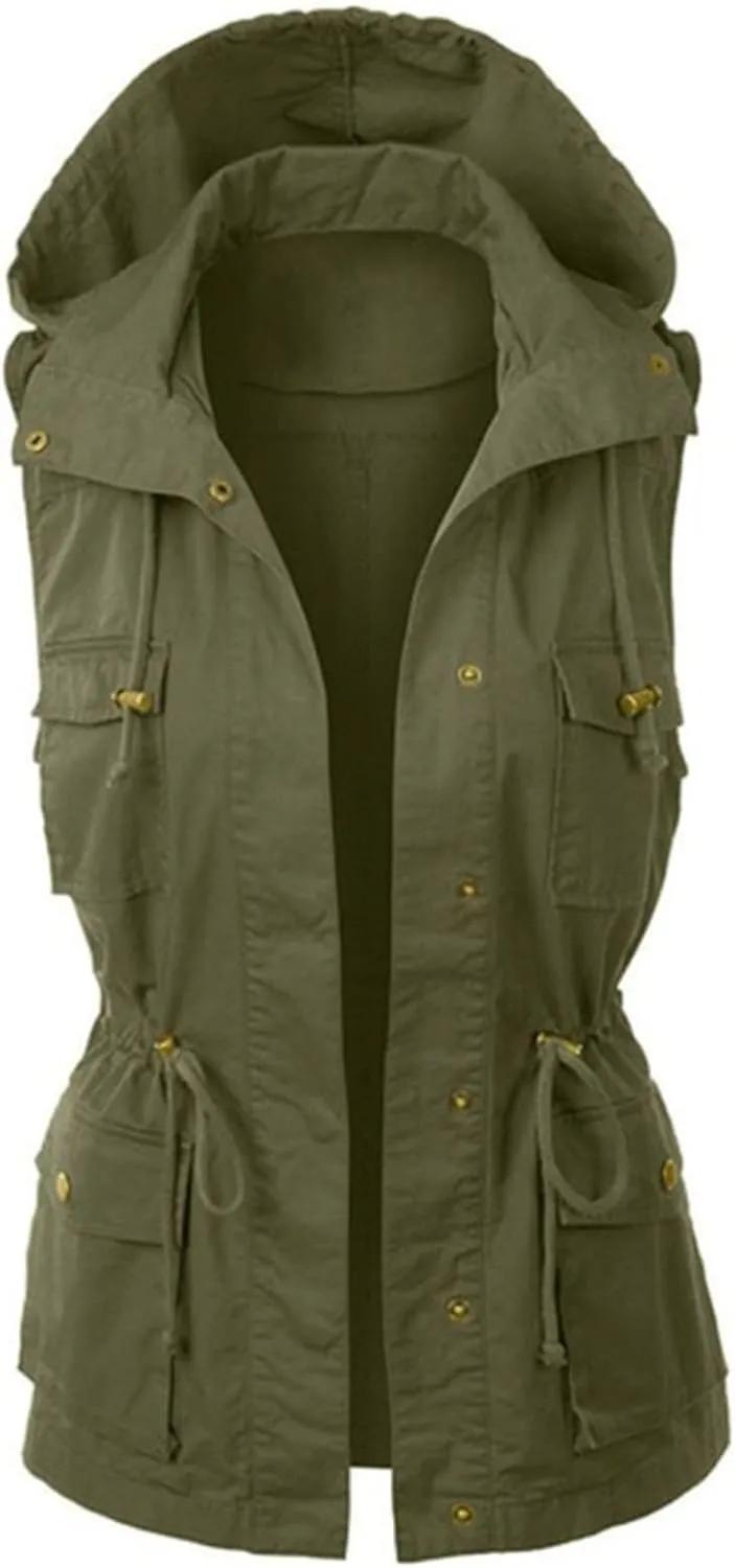 Womens Utility Vest Drawstring Waist Military Jacket Casual Button Down Sleeveless Hooded Coat with Pockets