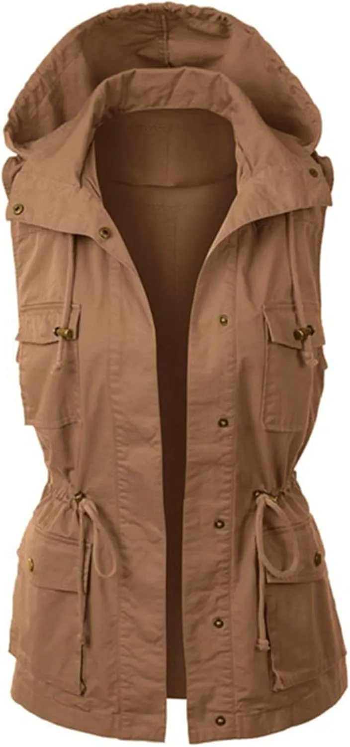 Womens Utility Vest Drawstring Waist Military Jacket Casual Button Down Sleeveless Hooded Coat with Pockets