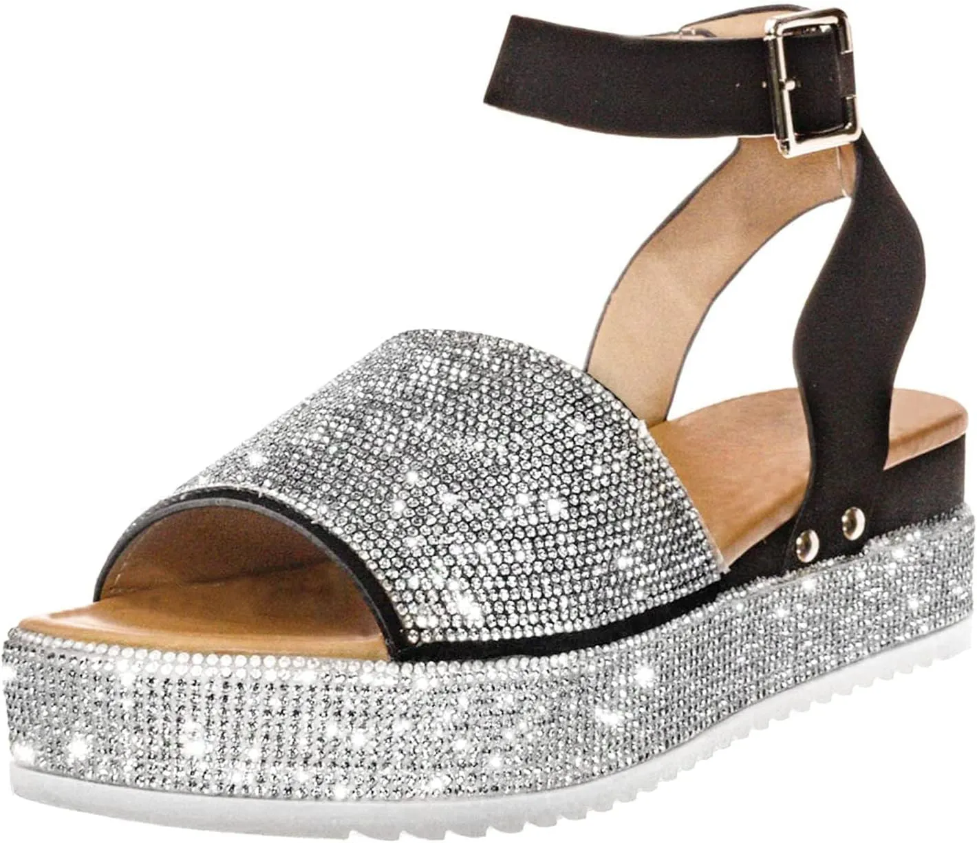 Women's Wedge Sandals One Band Ankle Strap Buckle Slides Sandals Summer Open Toe Rhinestone Bling Platform Sandal Casual Breathable Beach Shoes