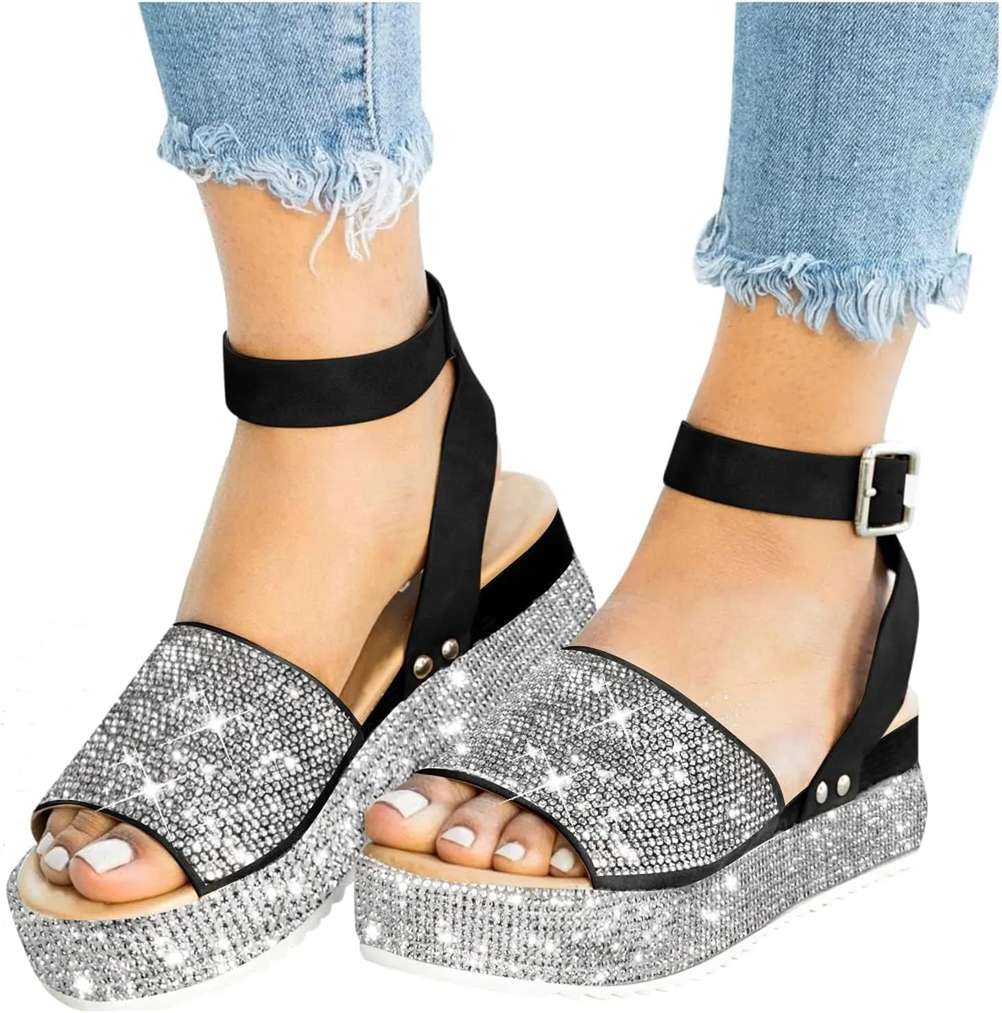 Women's Wedge Sandals One Band Ankle Strap Buckle Slides Sandals Summer Open Toe Rhinestone Bling Platform Sandal Casual Breathable Beach Shoes
