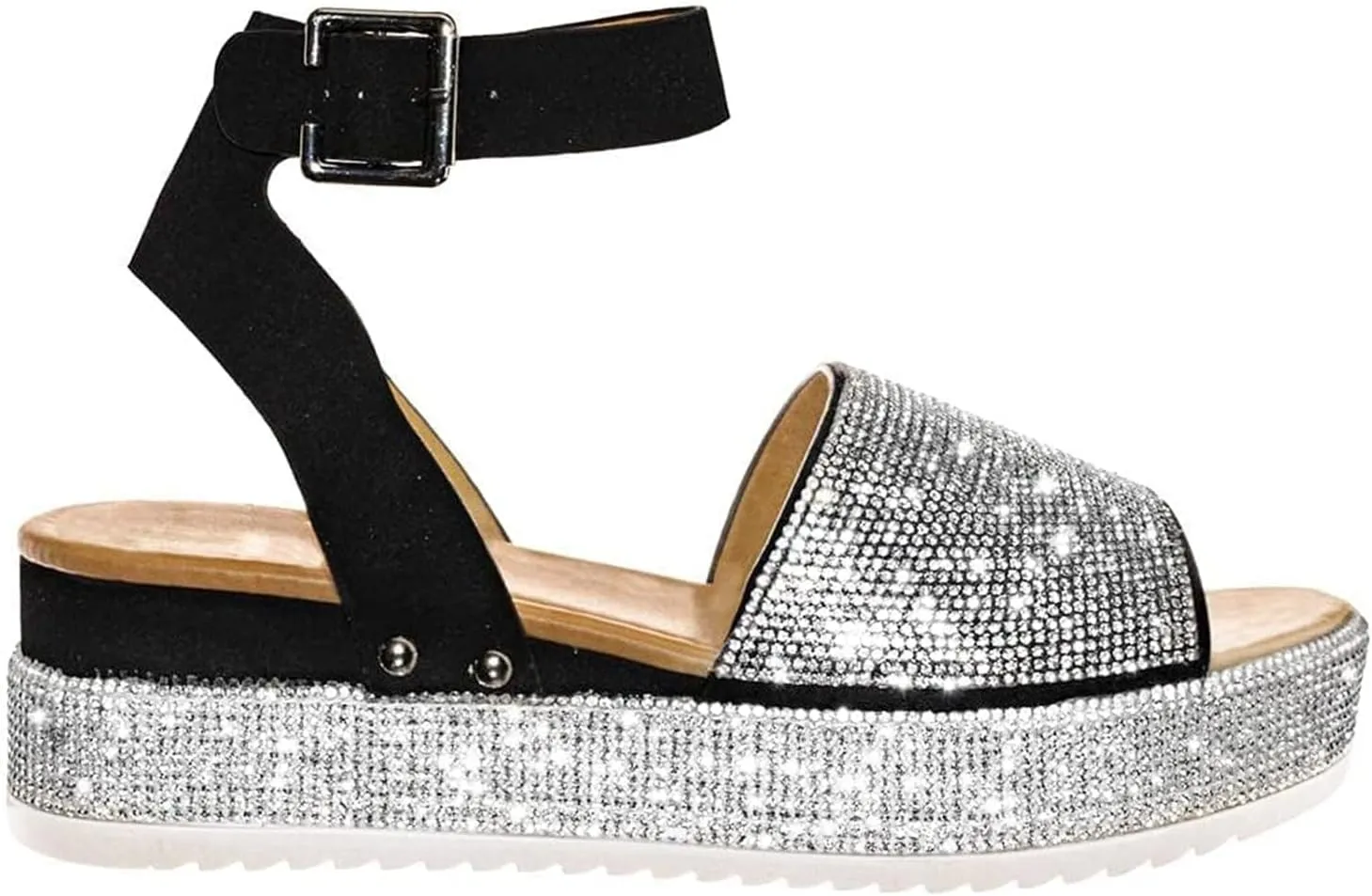 Women's Wedge Sandals One Band Ankle Strap Buckle Slides Sandals Summer Open Toe Rhinestone Bling Platform Sandal Casual Breathable Beach Shoes