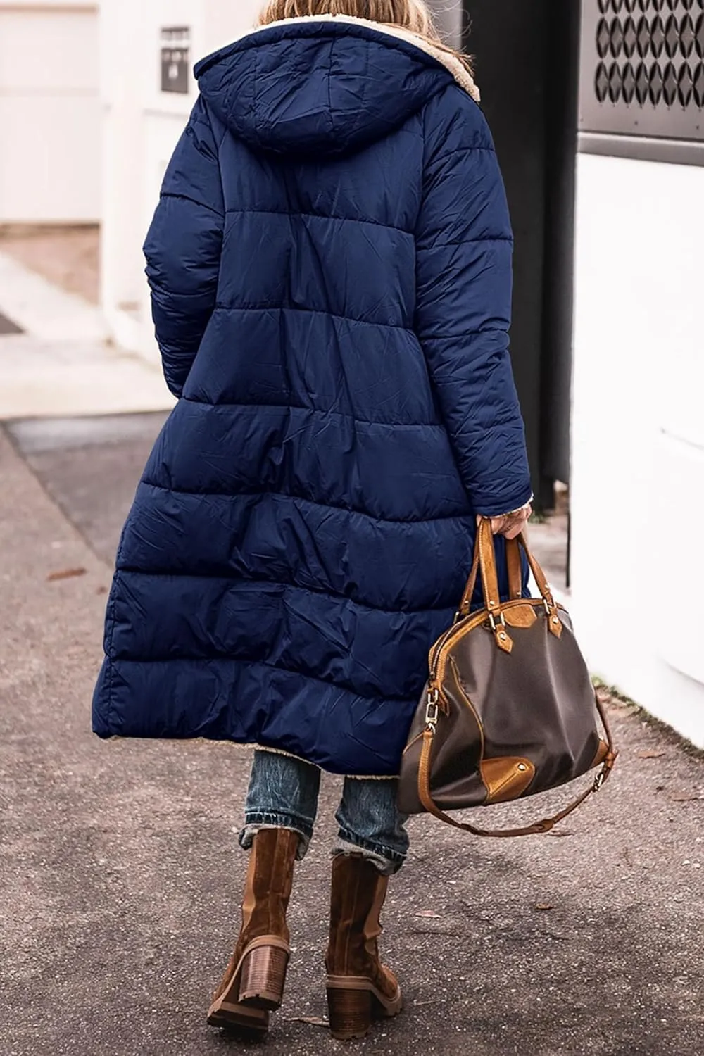 Women's Winter Hooded Quilted Coat Fleece Lined Long Puffer Jacket Winter Fashion Warm Reversible Zip Up Padded Coat