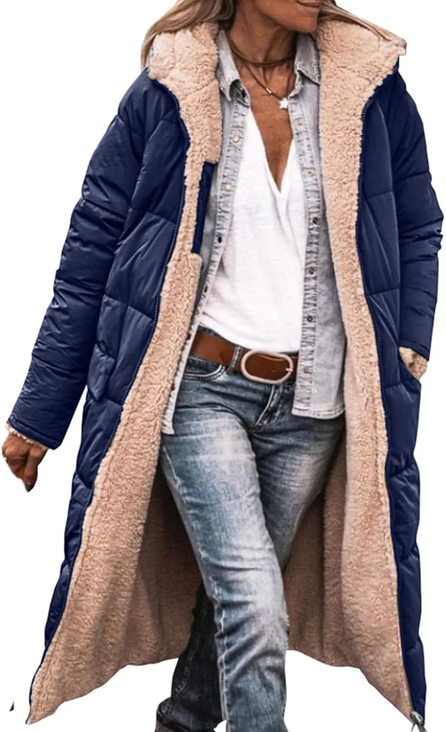 Women's Winter Hooded Quilted Coat Fleece Lined Long Puffer Jacket Winter Fashion Warm Reversible Zip Up Padded Coat