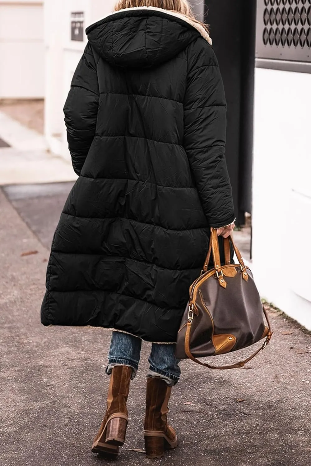 Women's Winter Hooded Quilted Coat Fleece Lined Long Puffer Jacket Winter Fashion Warm Reversible Zip Up Padded Coat