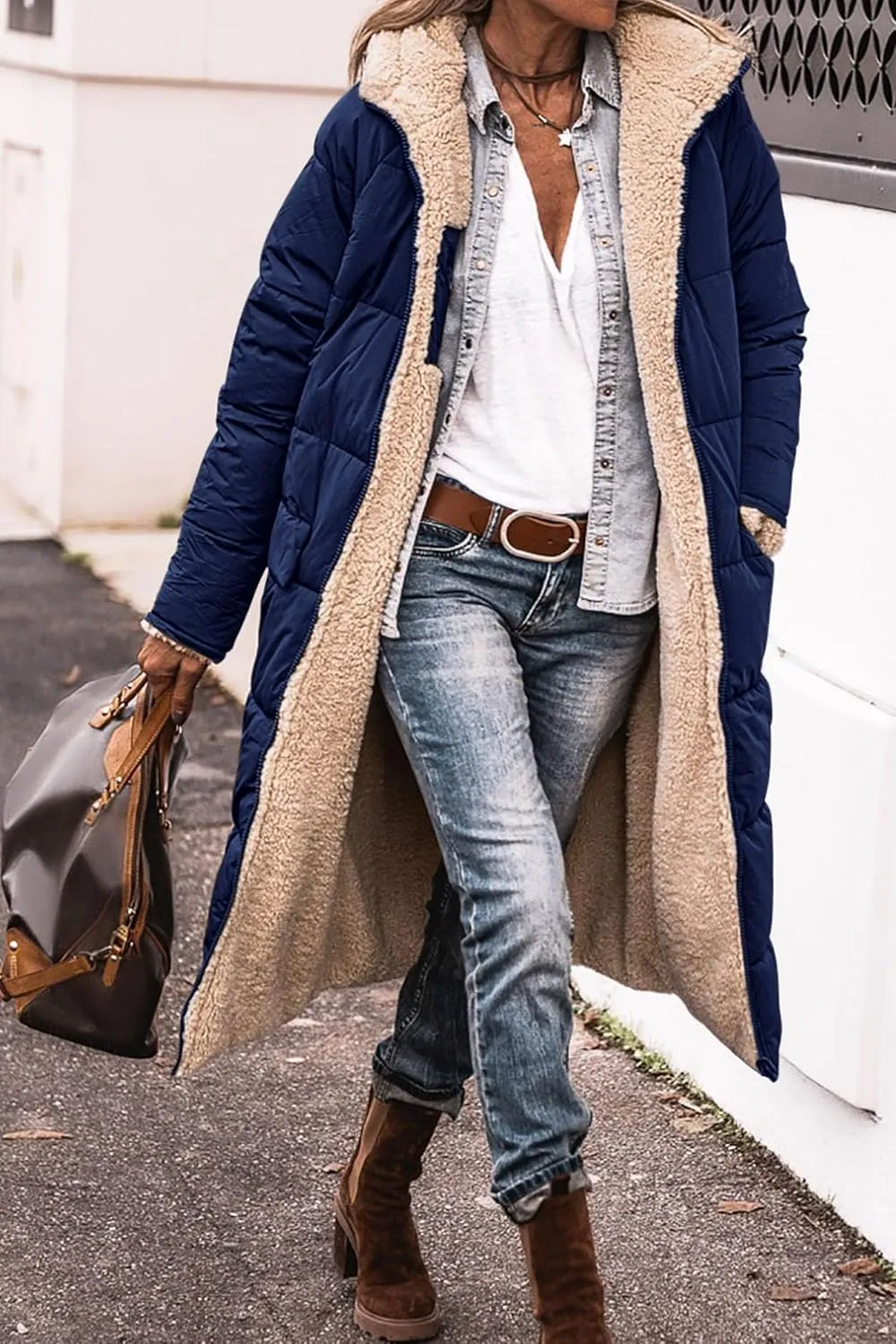 Women's Winter Hooded Quilted Coat Fleece Lined Long Puffer Jacket Winter Fashion Warm Reversible Zip Up Padded Coat