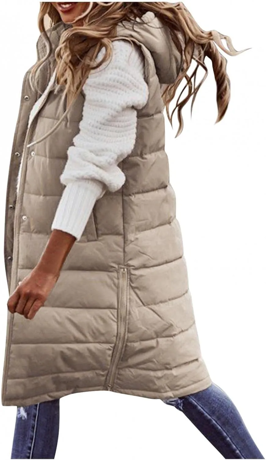 Women's Winter Warm Long Puffer Vest Padded Sleeveless Hooded Jackets Puffy Coats Outerwear Vests with Pockets