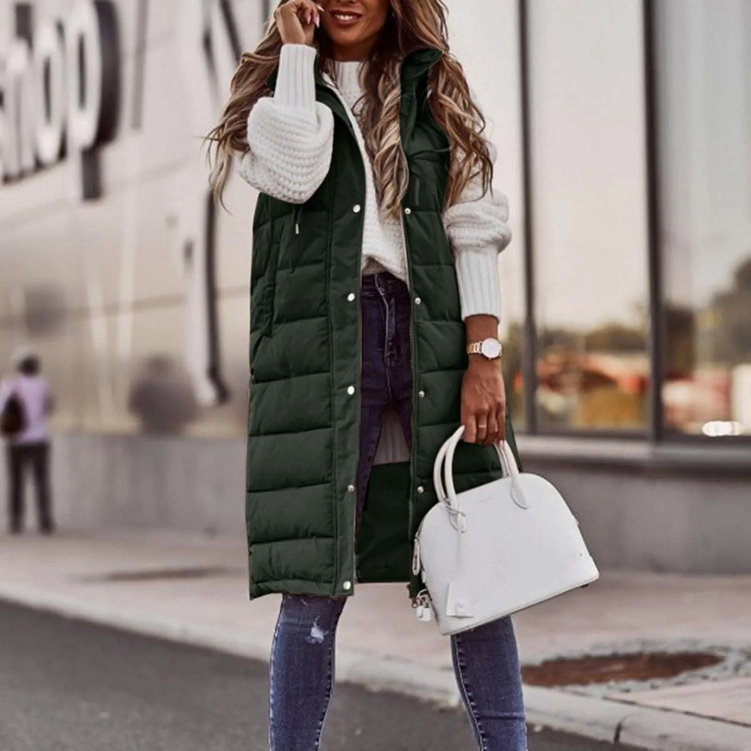 Women's Winter Warm Long Puffer Vest Padded Sleeveless Hooded Jackets Puffy Coats Outerwear Vests with Pockets