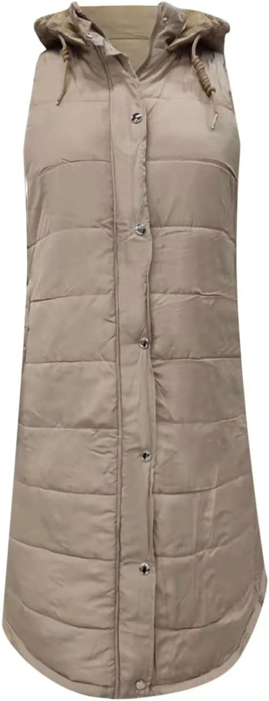 Women's Winter Warm Long Puffer Vest Padded Sleeveless Hooded Jackets Puffy Coats Outerwear Vests with Pockets