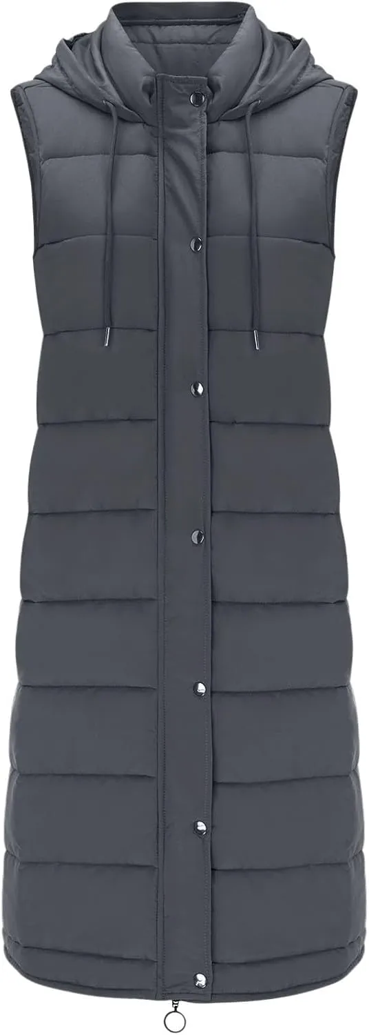 Women's Winter Warm Long Puffer Vest Padded Sleeveless Hooded Jackets Puffy Coats Outerwear Vests with Pockets