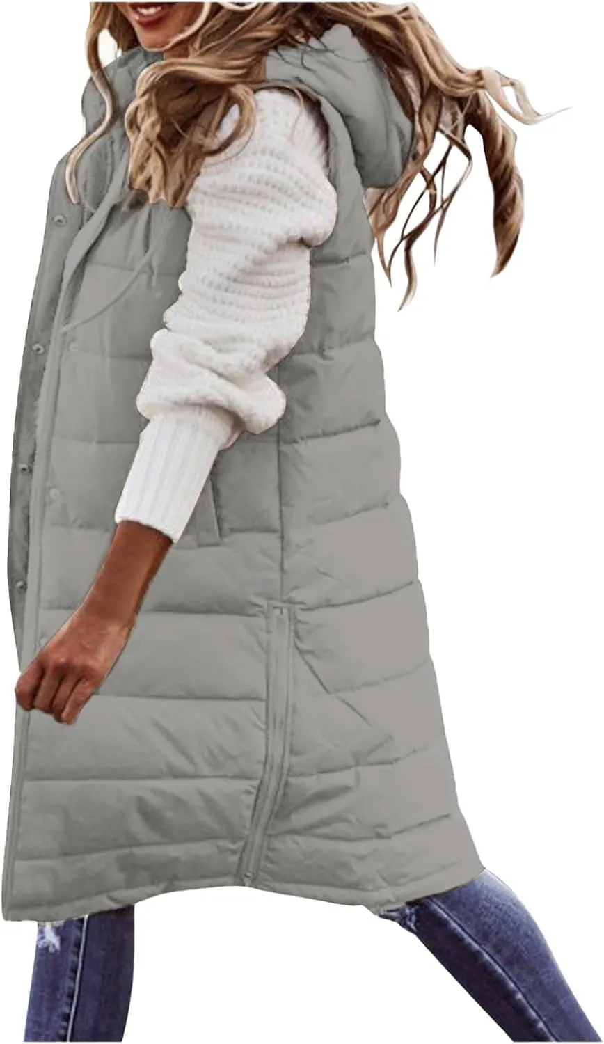 Women's Winter Warm Long Puffer Vest Padded Sleeveless Hooded Jackets Puffy Coats Outerwear Vests with Pockets