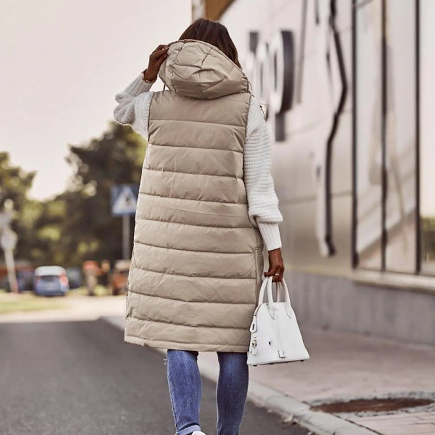 Women's Winter Warm Long Puffer Vest Padded Sleeveless Hooded Jackets Puffy Coats Outerwear Vests with Pockets