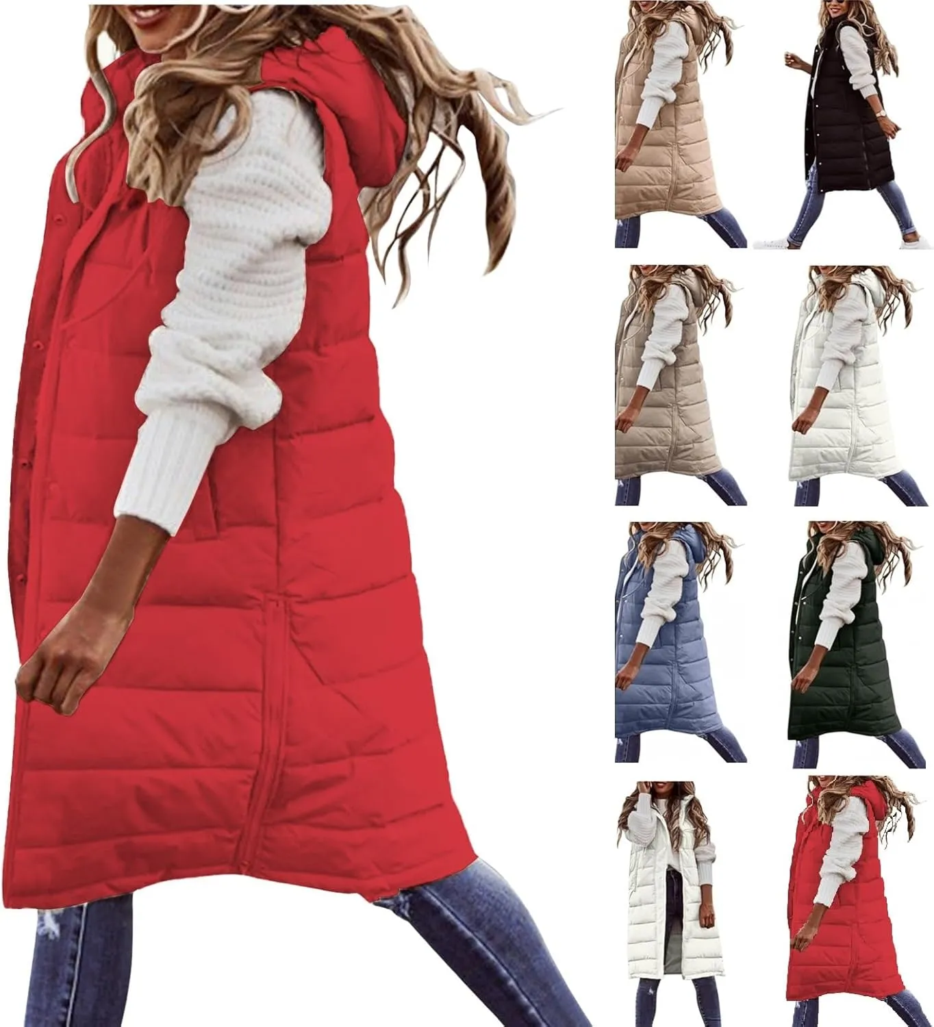 Women's Winter Warm Long Puffer Vest Padded Sleeveless Hooded Jackets Puffy Coats Outerwear Vests with Pockets