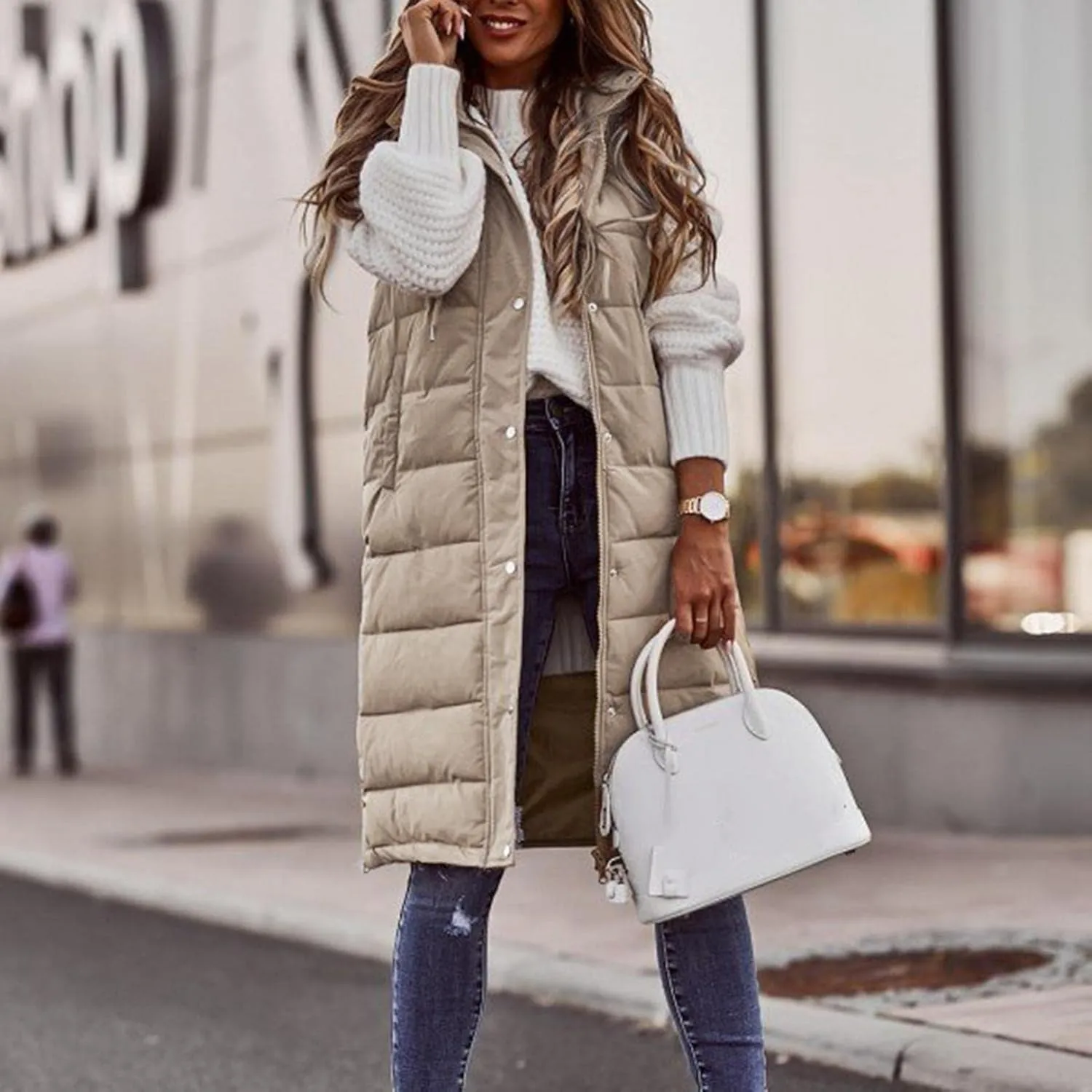 Women's Winter Warm Long Puffer Vest Padded Sleeveless Hooded Jackets Puffy Coats Outerwear Vests with Pockets