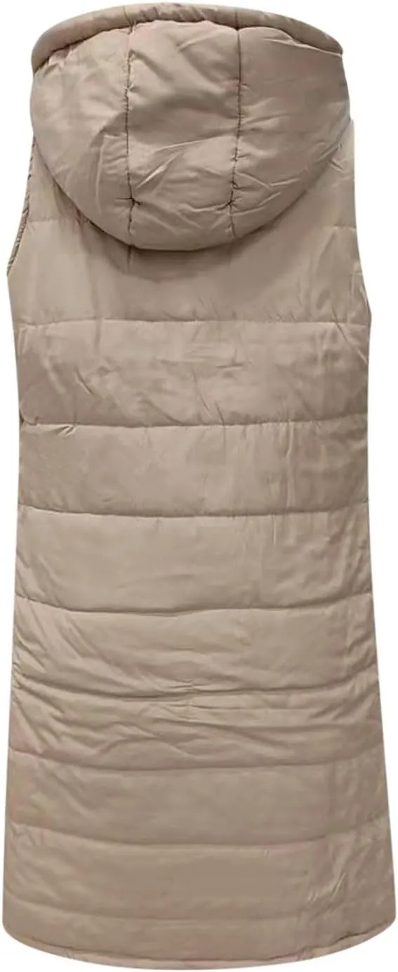 Women's Winter Warm Long Puffer Vest Padded Sleeveless Hooded Jackets Puffy Coats Outerwear Vests with Pockets