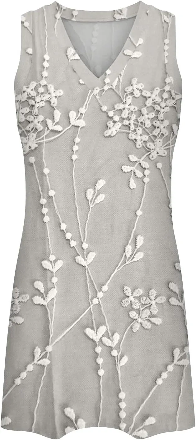 XOWRTE Women's Round Neck Eyelet Lace Embroidery Smocked Loose Party Dress Sexy Sleeveless A Line Mini Sun Dress for Women