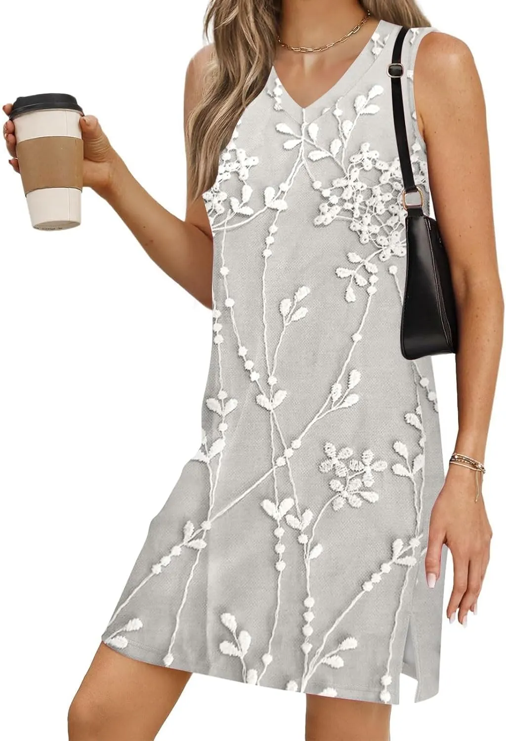 XOWRTE Women's Round Neck Eyelet Lace Embroidery Smocked Loose Party Dress Sexy Sleeveless A Line Mini Sun Dress for Women