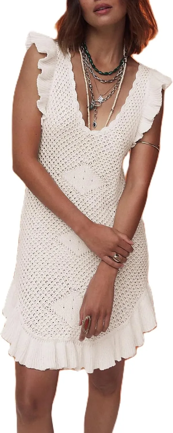 Yuemengxuan Women Crochet Summer Dresses 2025 Sleeveless Ruffle Mini Tank Dress Graduation Dress Knitted Beach Sundresses