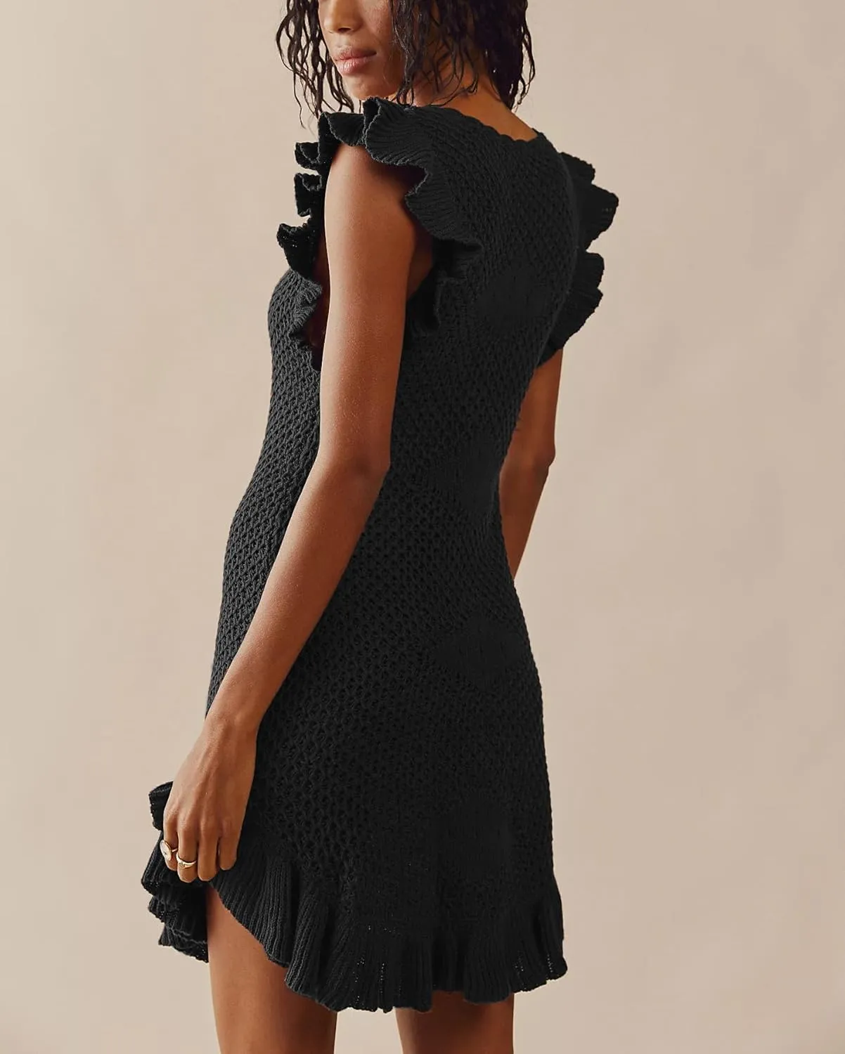 Yuemengxuan Women Crochet Summer Dresses 2025 Sleeveless Ruffle Mini Tank Dress Graduation Dress Knitted Beach Sundresses