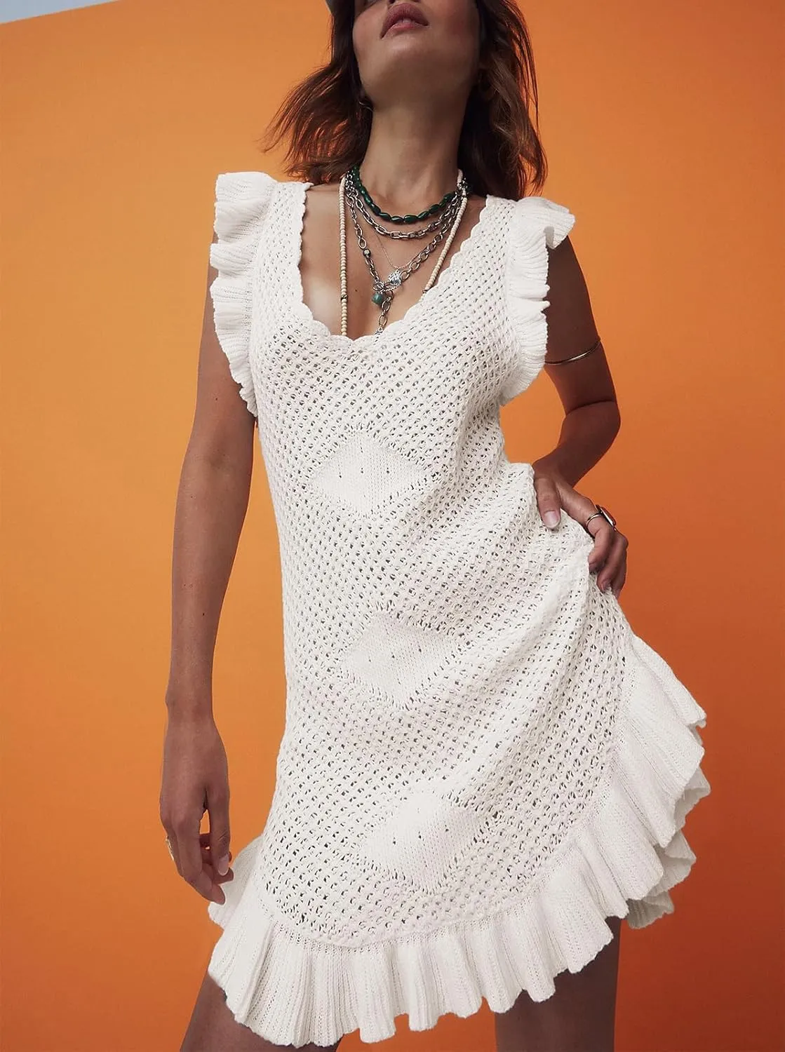 Yuemengxuan Women Crochet Summer Dresses 2025 Sleeveless Ruffle Mini Tank Dress Graduation Dress Knitted Beach Sundresses