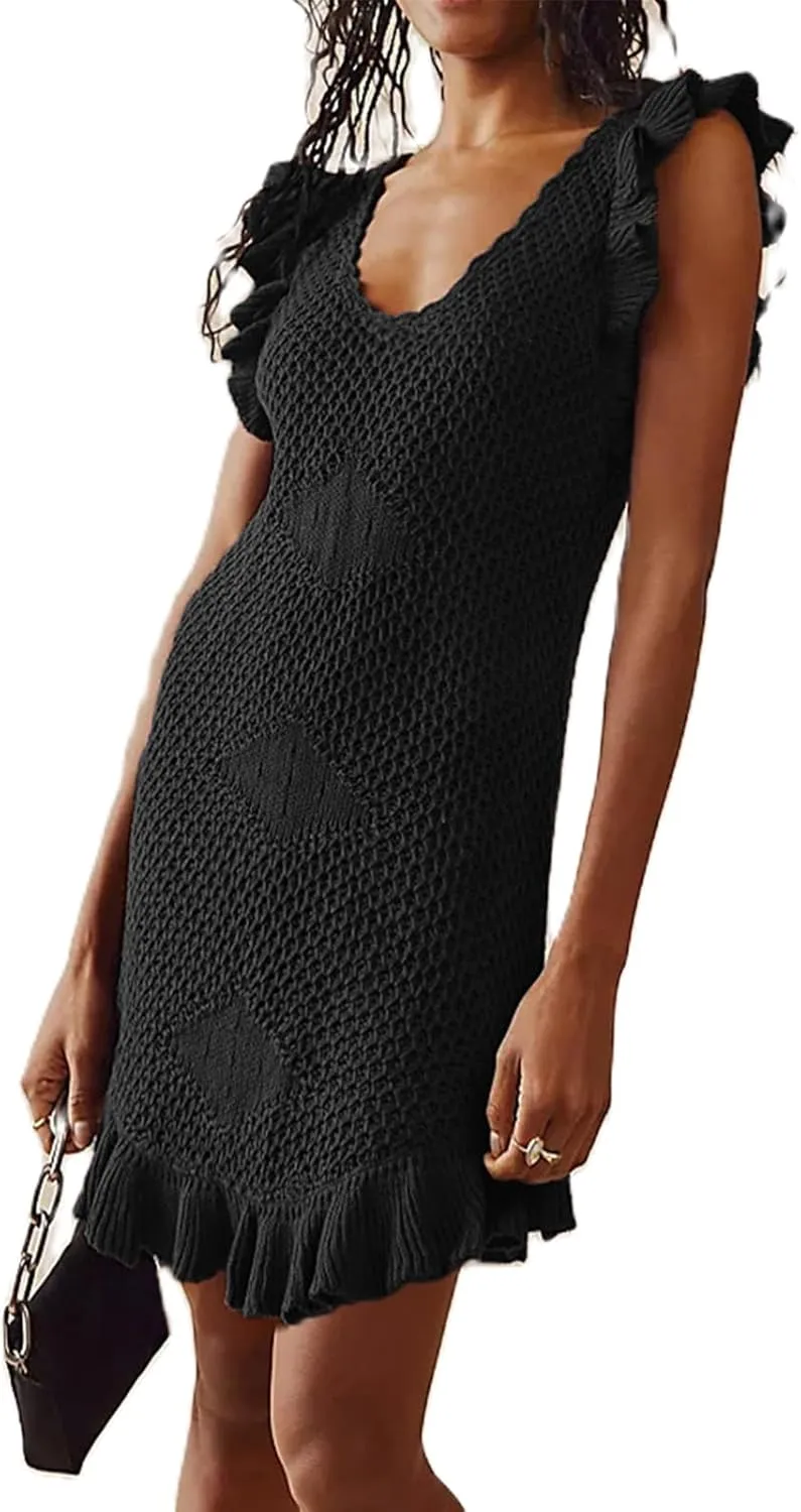Yuemengxuan Women Crochet Summer Dresses 2025 Sleeveless Ruffle Mini Tank Dress Graduation Dress Knitted Beach Sundresses