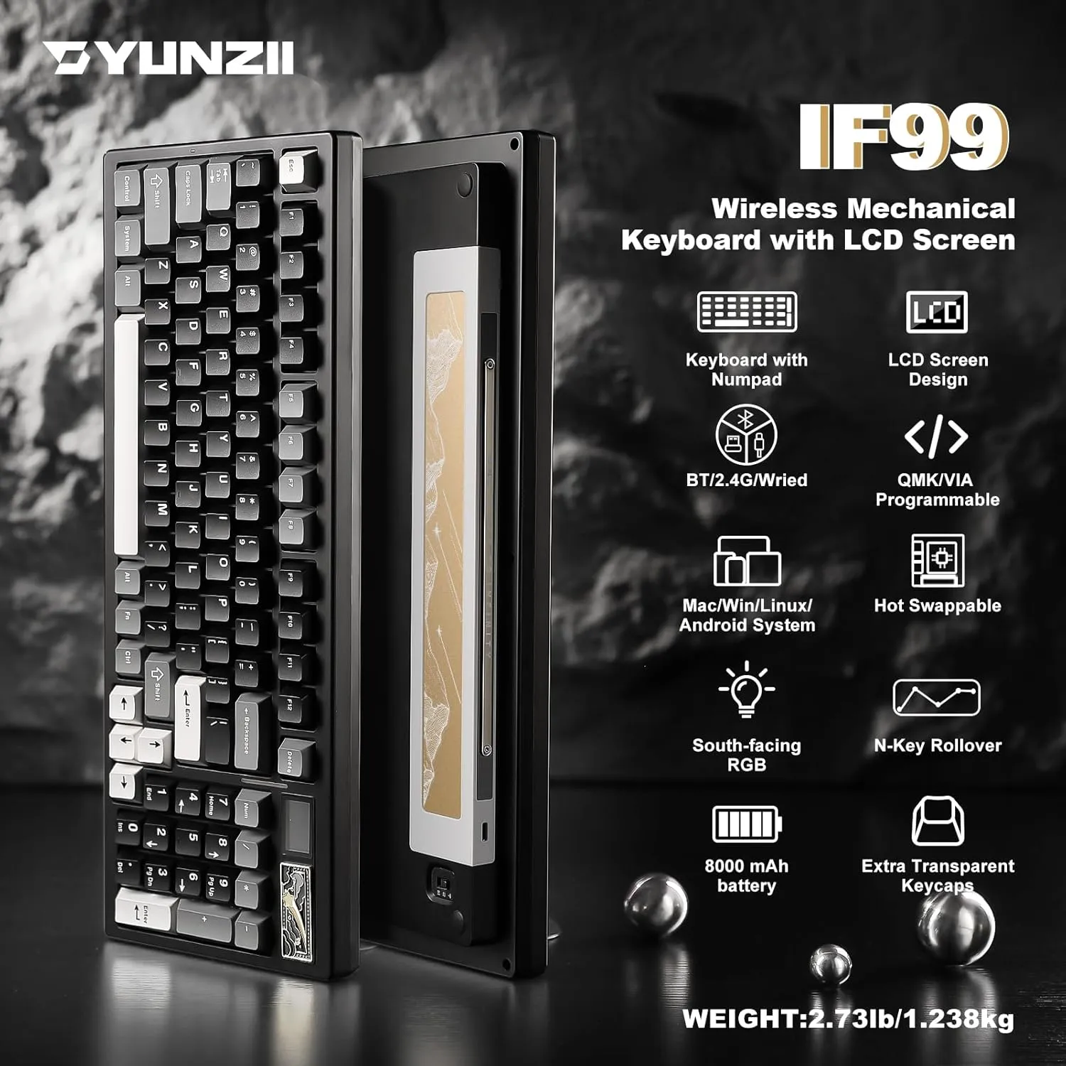 YUNZII IF99 Wireless Mechanical Gaming Keyboard with Smart LCD Display, QMK/VIA Programmable BT/2.4G/USB-C Gasket Mounted Hot Swap RGB 96% Layout for Mac/Win (Black, Gateron Zero Switch)
