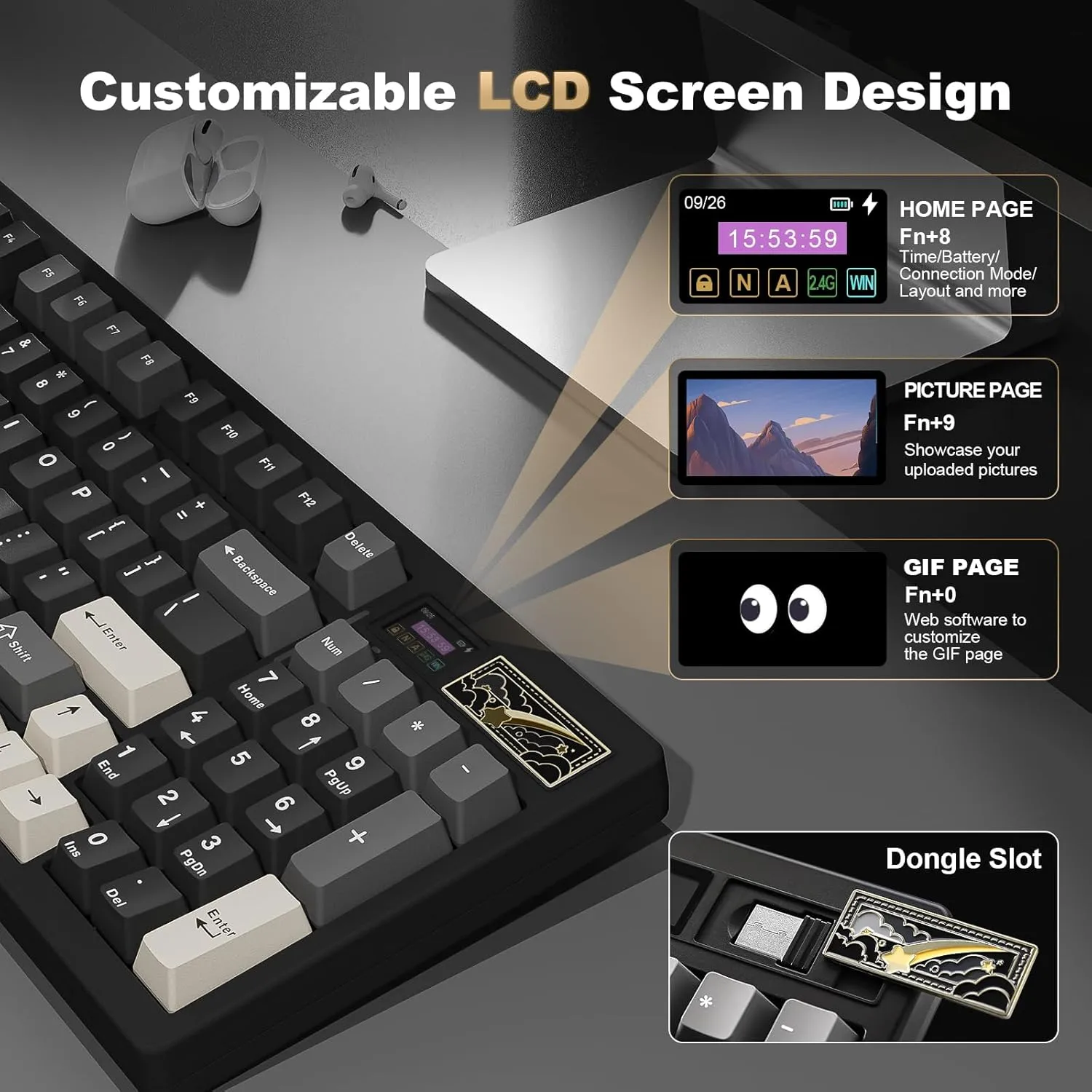 YUNZII IF99 Wireless Mechanical Gaming Keyboard with Smart LCD Display, QMK/VIA Programmable BT/2.4G/USB-C Gasket Mounted Hot Swap RGB 96% Layout for Mac/Win (Black, Gateron Zero Switch)