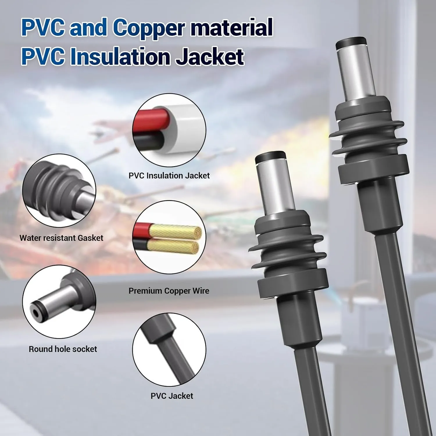 Zopsc 18AWG Satellite DC Power Cable, DC Power Extension Cable, Male to Male DC Cable for Indoor Outdoor 6.5FT Gray (10M)